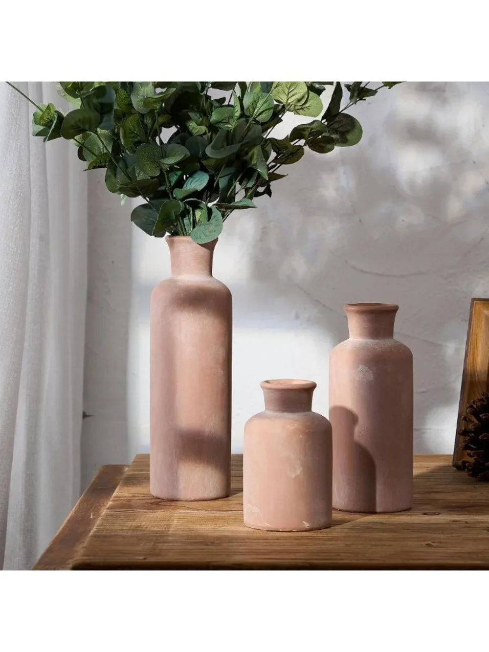 Rustic Ceramic Terracotta Vase Set of 3 | Farmhouse Home Decor for Table